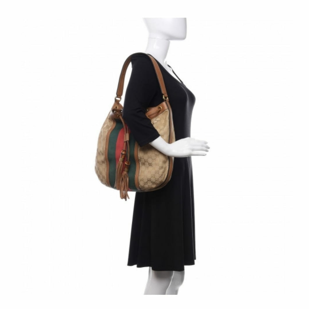 GUCCI Monogram Web Rania Drawstring Shoulder Bag Sand - Picture 4 of 12